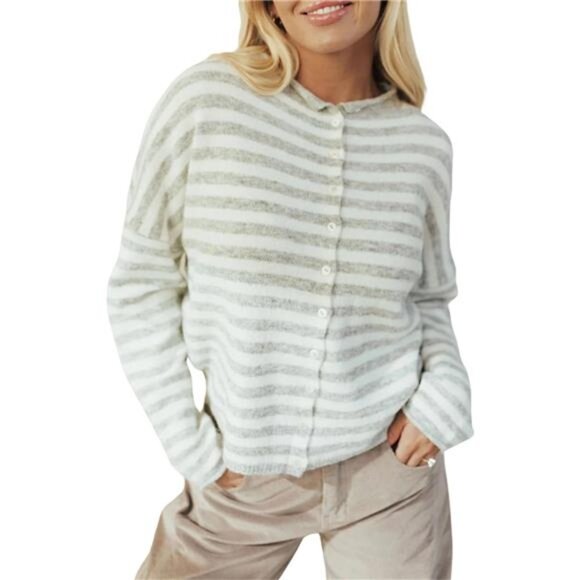 Women's Crew Neck Casual Cardigan Sweater white Grey - Picture 1 of 4